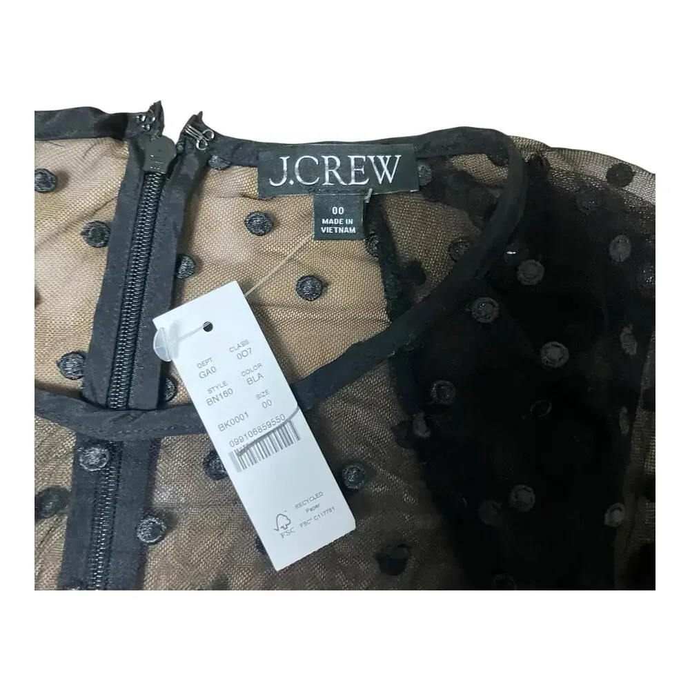 J Crew Blouse Womens Black‎ Cap Sleeve Top Dotted Tulle Sheer Polka Dot Size 00